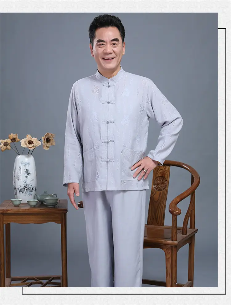 Men Chinese Style Long Sleeve Suit Light Blue Elderly Casual — feature 7