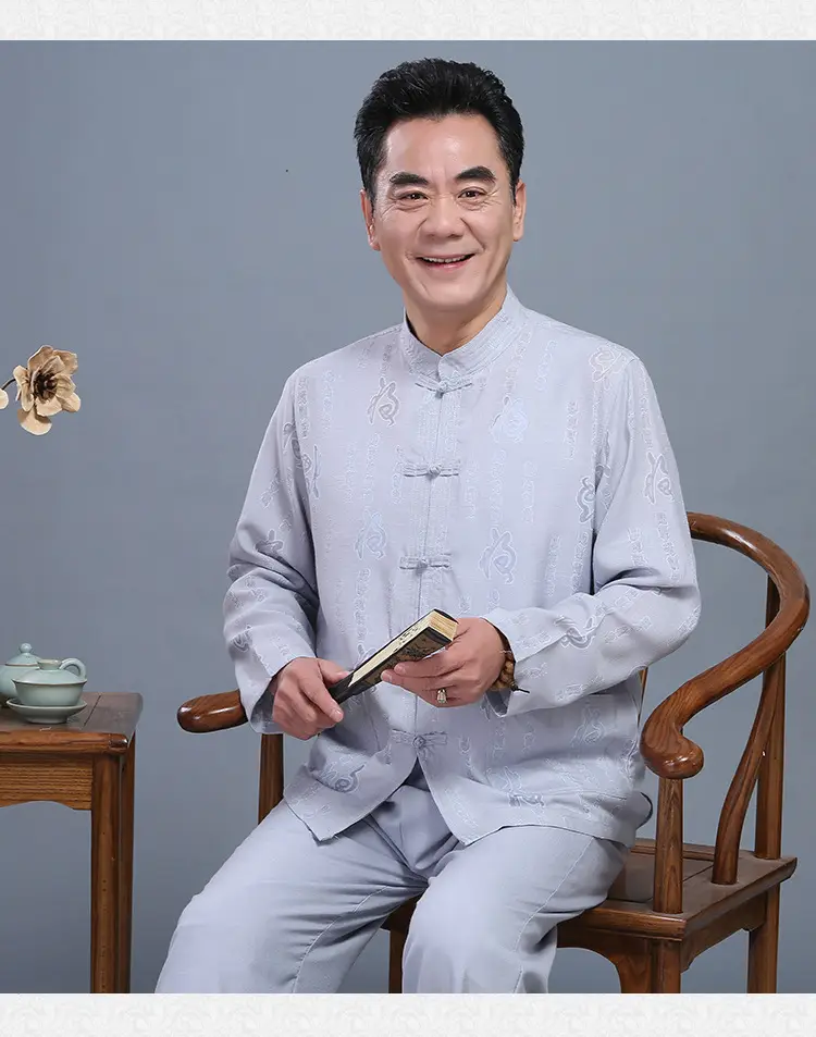 Men Chinese Style Long Sleeve Suit Light Blue Elderly Casual — feature 8