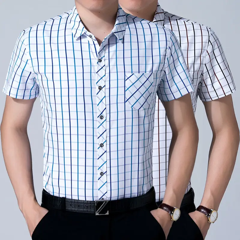 Men Blue White Checkered Short Sleeve Shirt