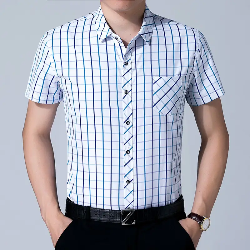 Men Blue White Checkered Short Sleeve Shirt - Image 4