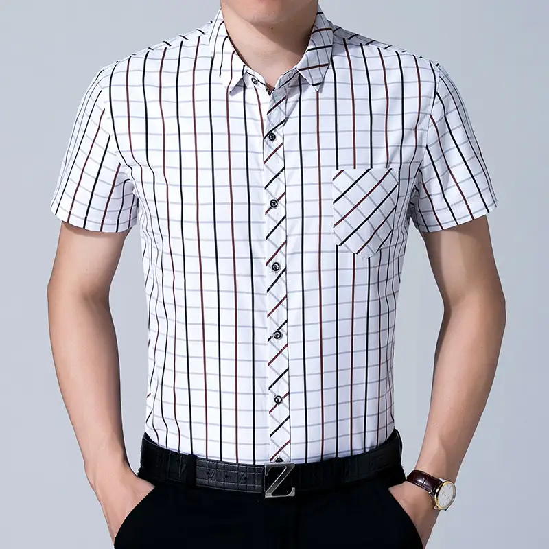 Men Blue White Checkered Short Sleeve Shirt - Image 5