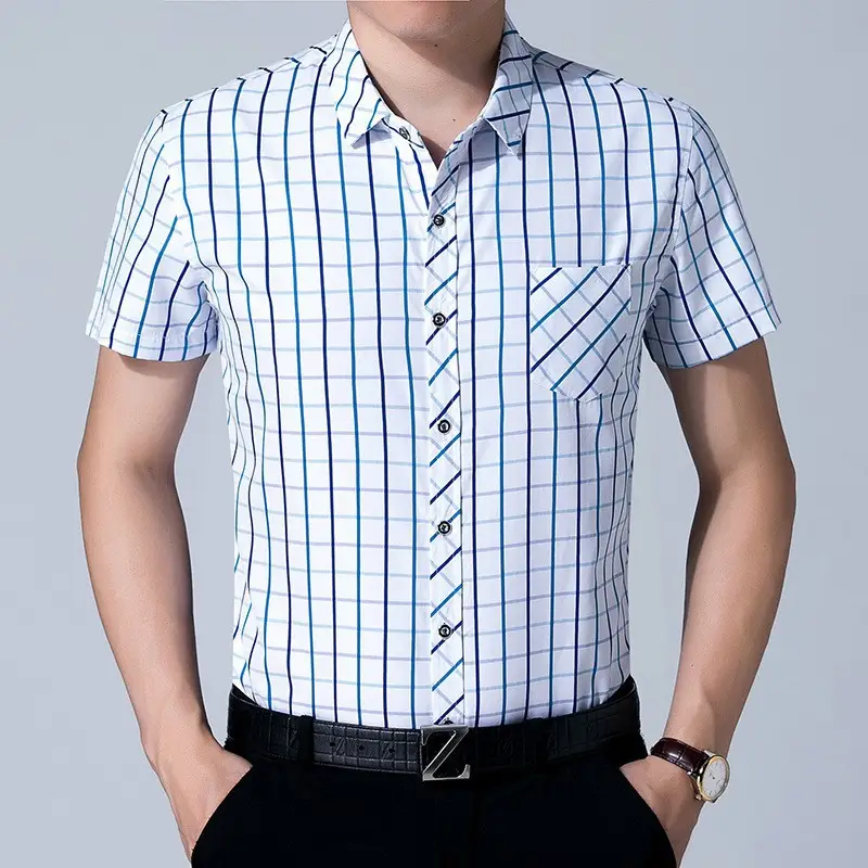 Men Blue White Checkered Short Sleeve Shirt - Image 6