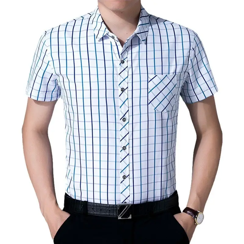 Men Blue White Checkered Short Sleeve Shirt - Image 7