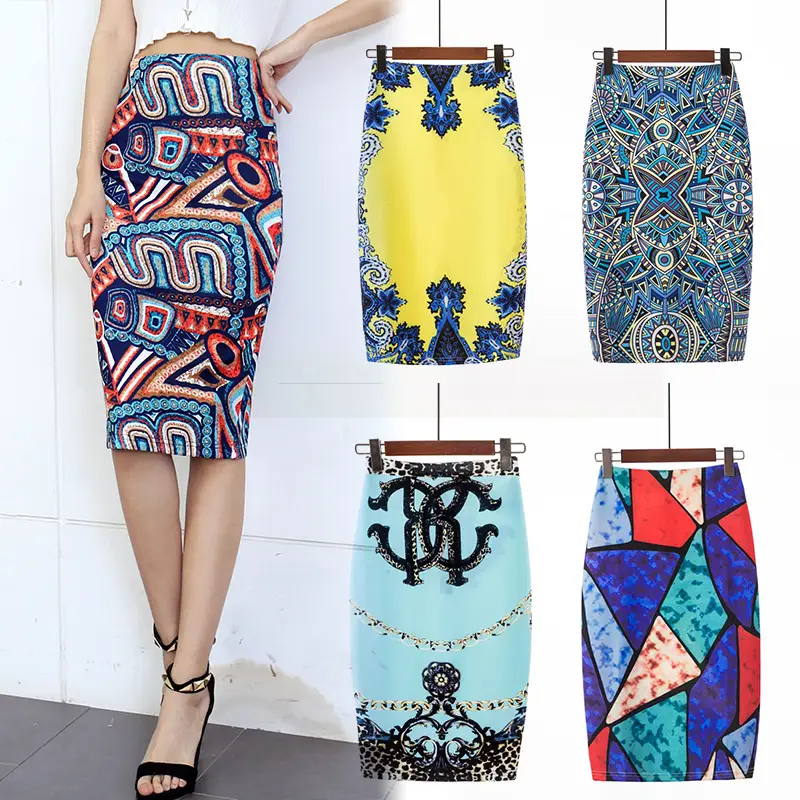 Women's Digital Print Blue Patterned Pencil Skirt - Image 35