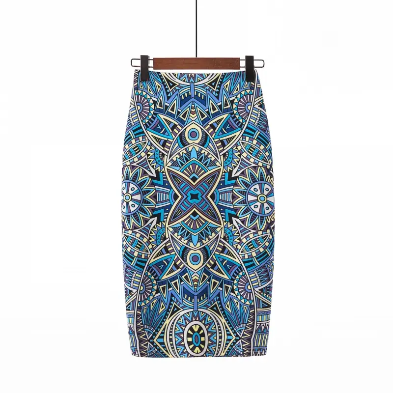Women's Digital Print Blue Patterned Pencil Skirt - Image 12