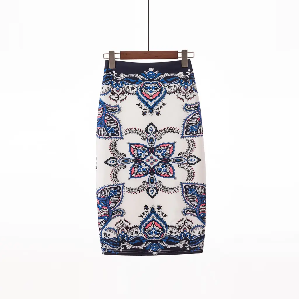 Women's Digital Print Blue Patterned Pencil Skirt - Image 16