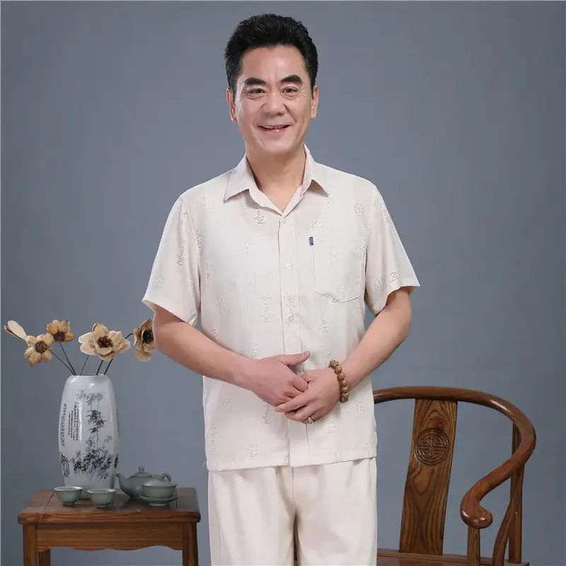 Men Chinoiserie White Short Sleeve Shirt Set — feature 11
