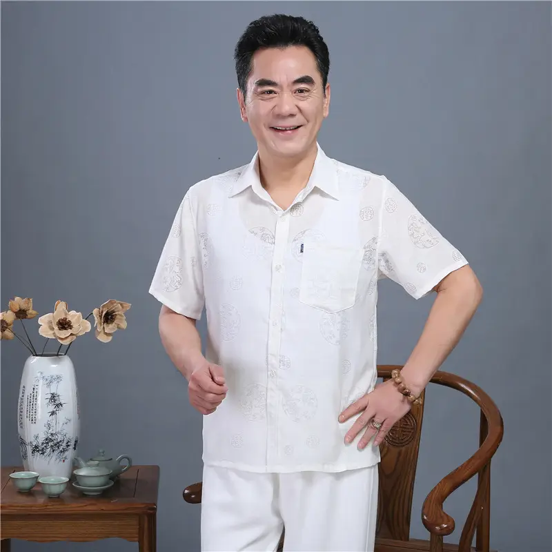 Men Chinoiserie White Short Sleeve Shirt Set — feature 5