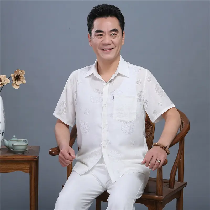 Men Chinoiserie White Short Sleeve Shirt Set — feature 6