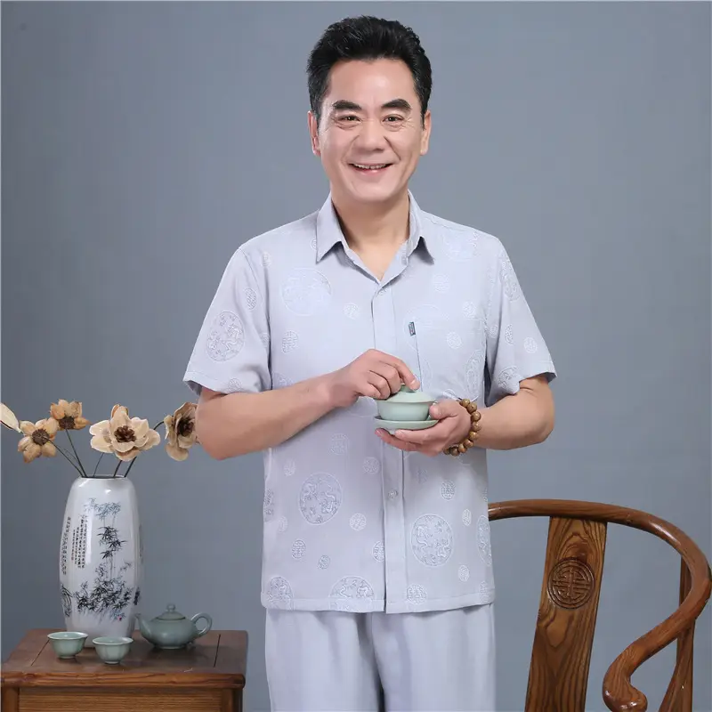 Men Chinoiserie White Short Sleeve Shirt Set — feature 9