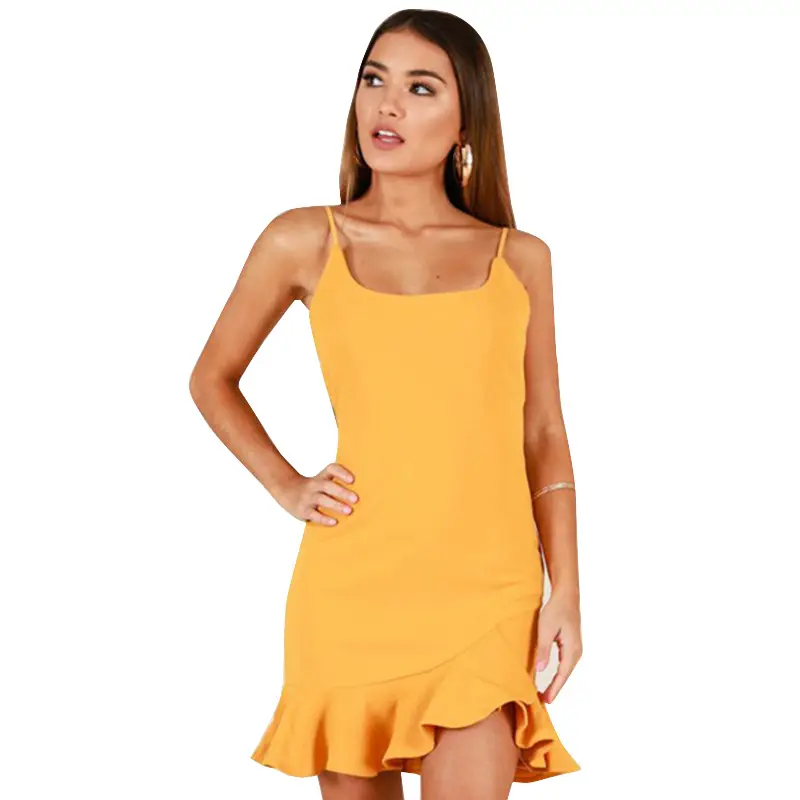 Summer Ruffled Sheath Dress Yellow Ruffled Hem