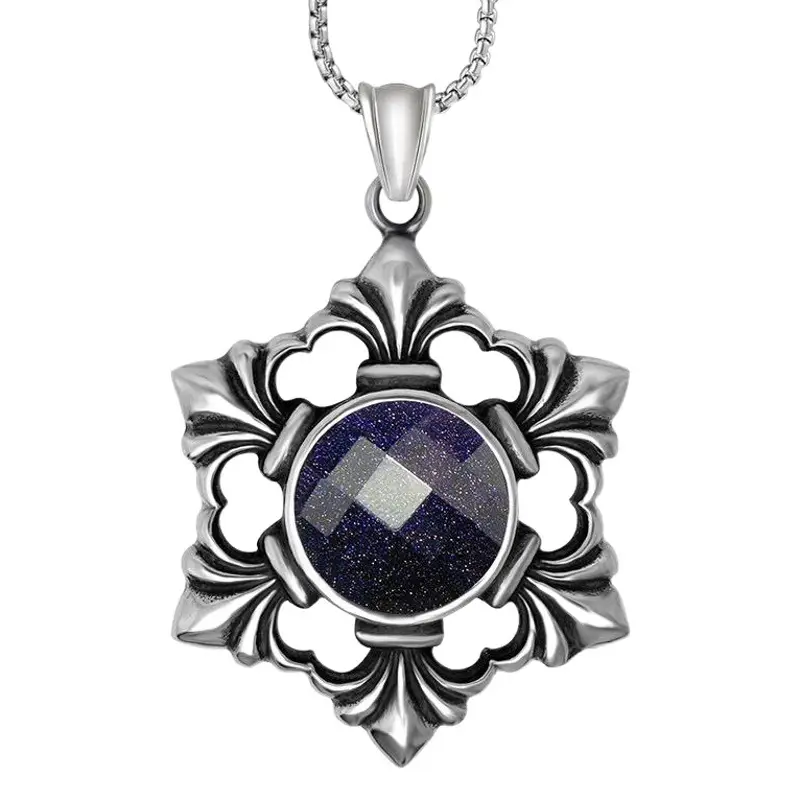 Japanese Personality Necklace with Blue Sand Stone Titanium Steel Pendant