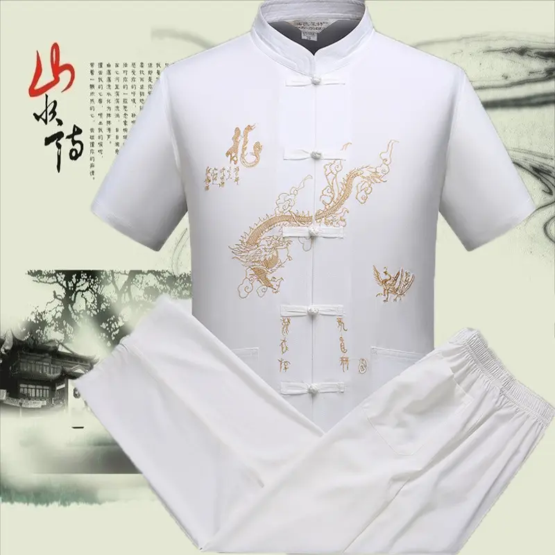Men's White Embroidered Dragon Tea House Work Suit — feature 5