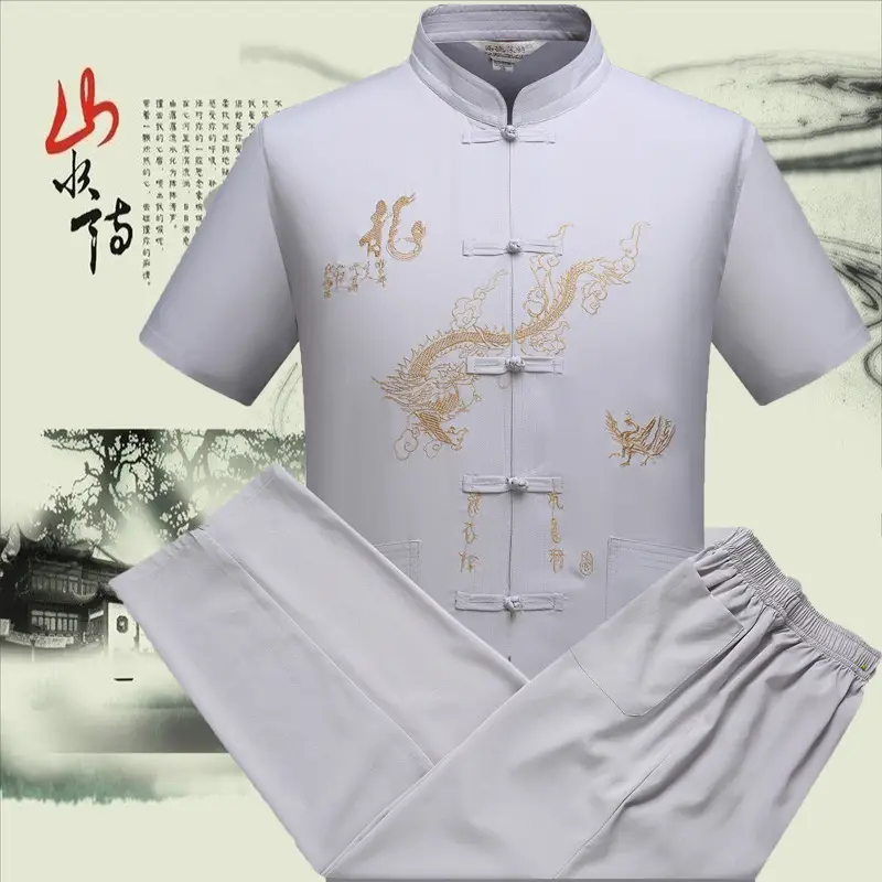 Men's White Embroidered Dragon Tea House Work Suit — feature 9
