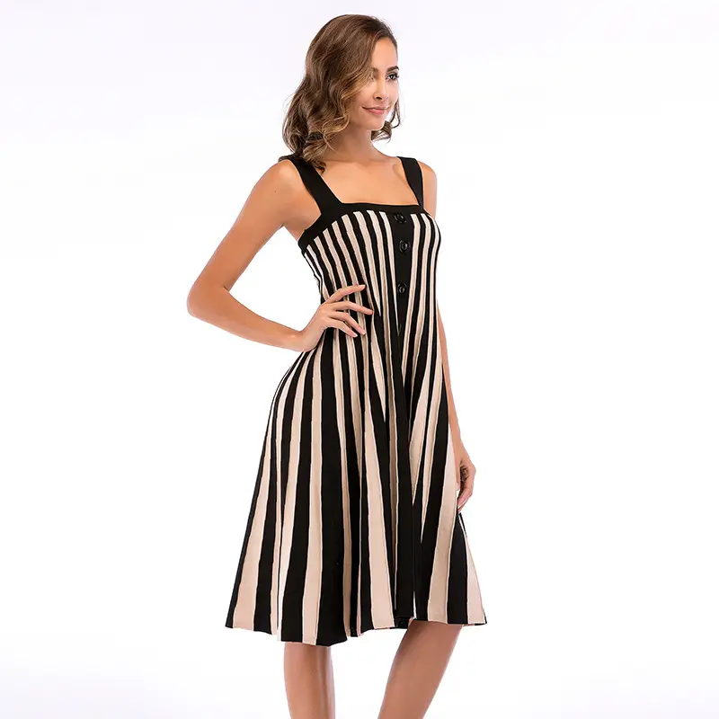 Women's Striped Sleeveless Dress Black White - Image 2