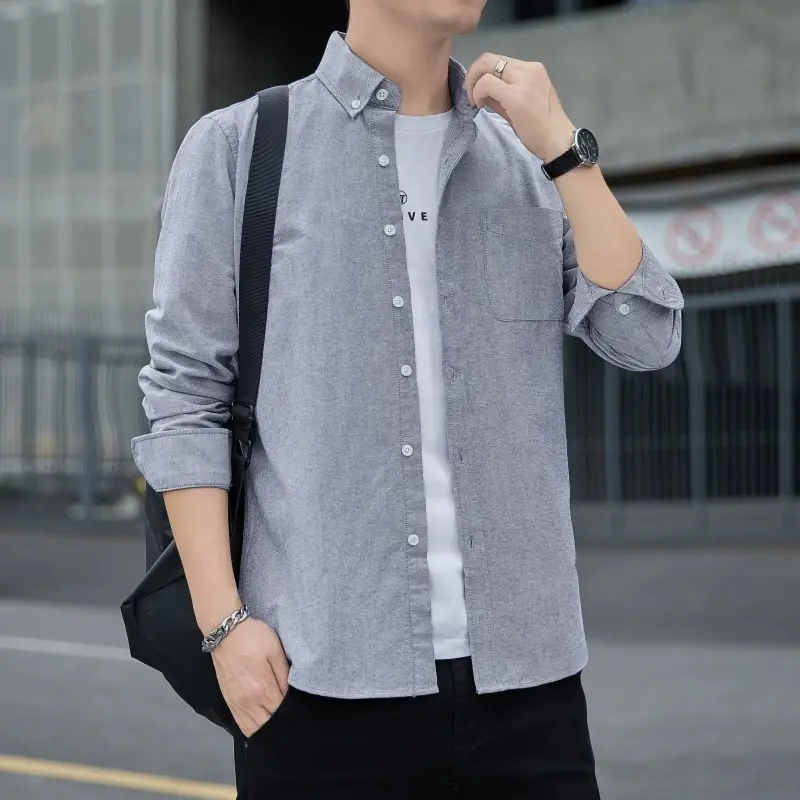 Men's Long Sleeve Slim Fit Blue Shirt White Solid Color