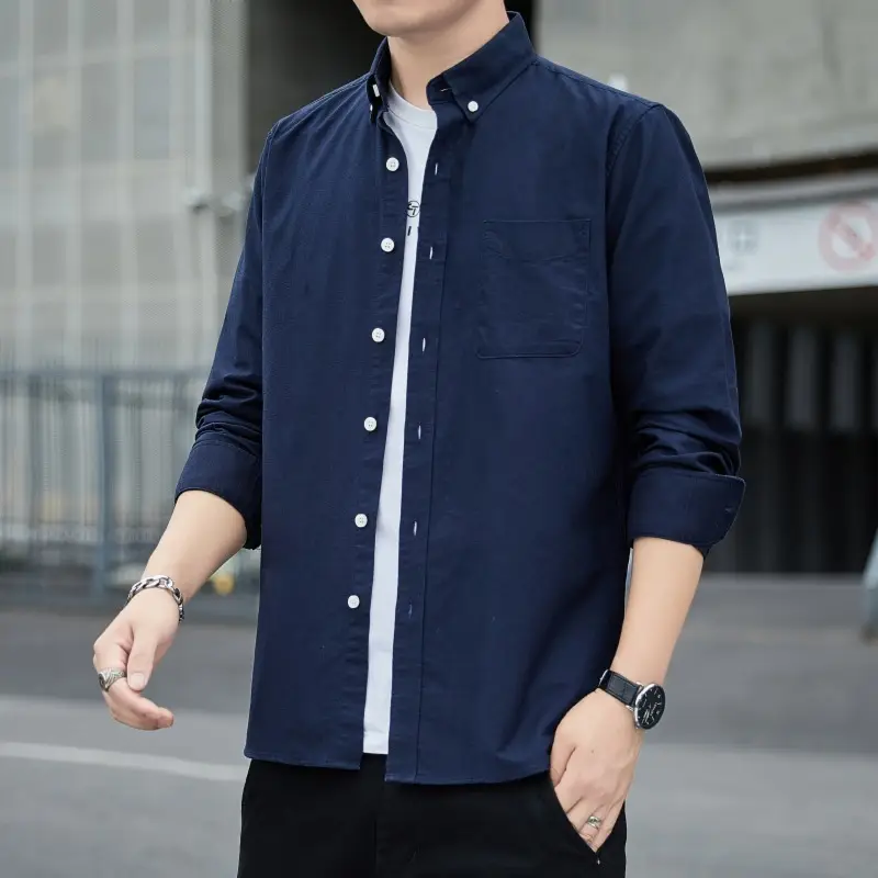 Men's Long Sleeve Slim Fit Blue Shirt White Solid Color