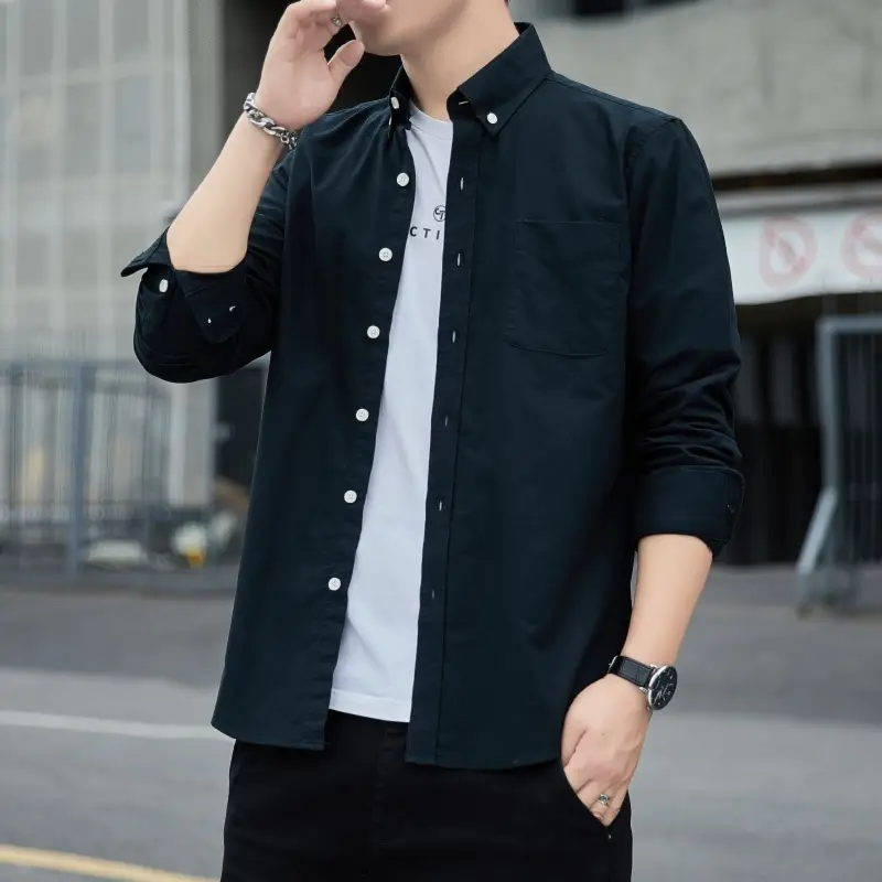 Men's Long Sleeve Slim Fit Blue Shirt White Solid Color