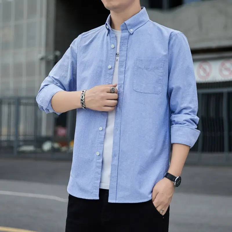 Men's Long Sleeve Slim Fit Blue Shirt White Solid Color