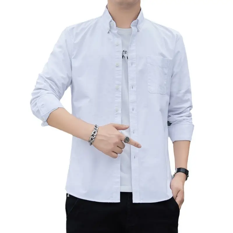 Men's Long Sleeve Slim Fit Blue Shirt White Solid Color