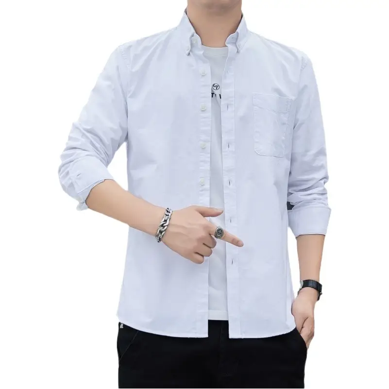 Men's Long Sleeve Slim Fit Blue Shirt White Solid Color