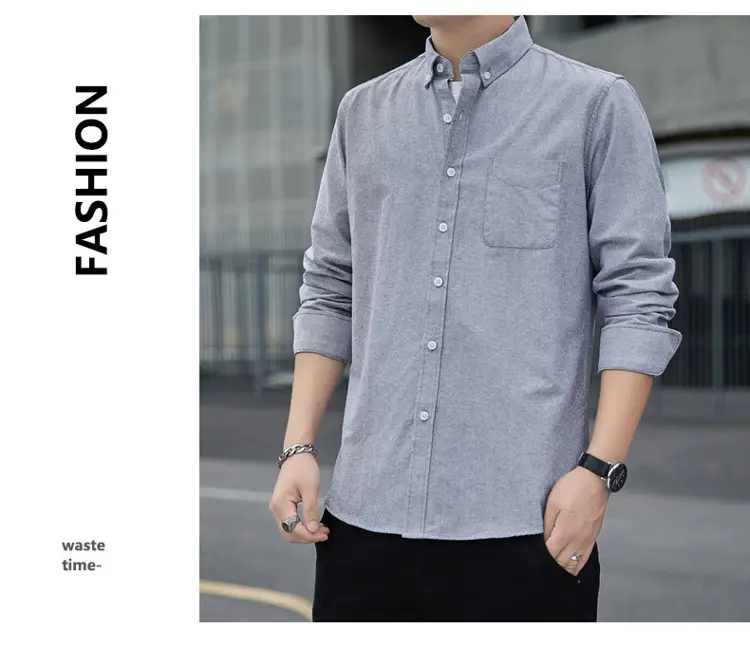 Men's Long Sleeve Slim Fit Blue Shirt White Solid Color — feature 10