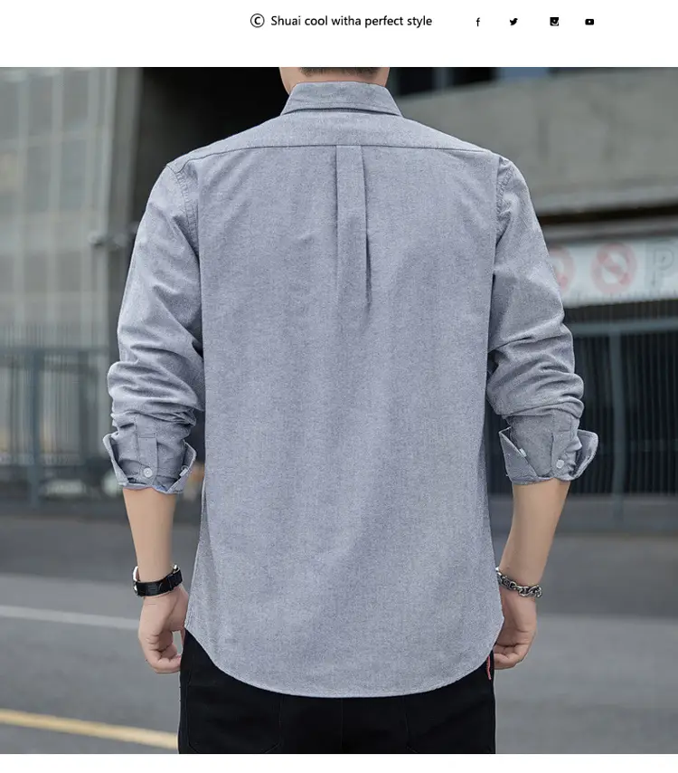 Men's Long Sleeve Slim Fit Blue Shirt White Solid Color — feature 11