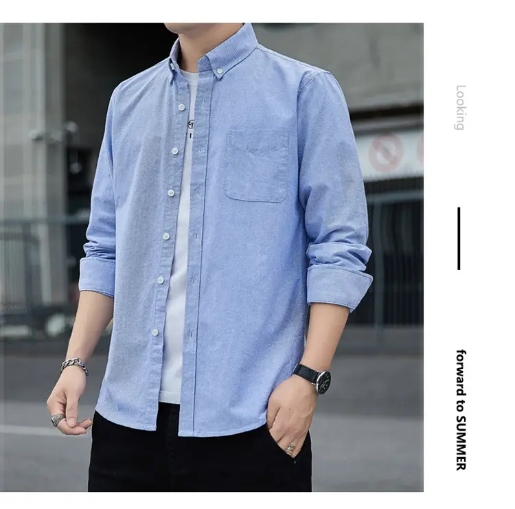 Men's Long Sleeve Slim Fit Blue Shirt White Solid Color — feature 12