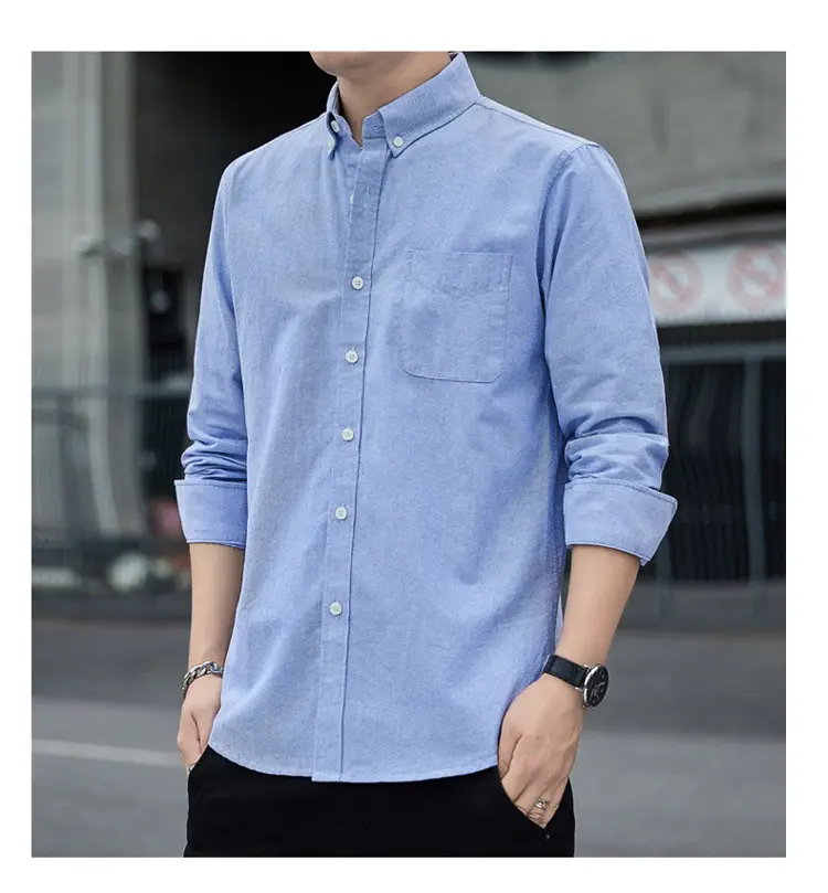 Men's Long Sleeve Slim Fit Blue Shirt White Solid Color — feature 13
