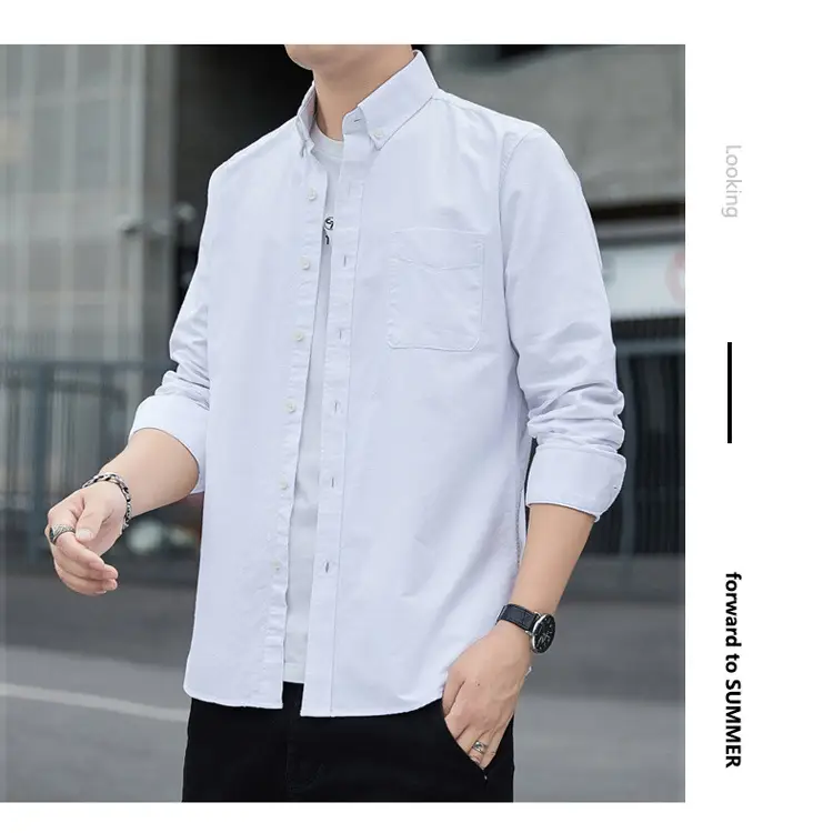 Men's Long Sleeve Slim Fit Blue Shirt White Solid Color — feature 14