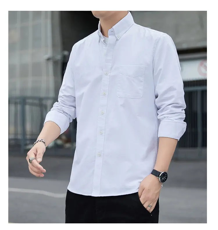 Men's Long Sleeve Slim Fit Blue Shirt White Solid Color — feature 15