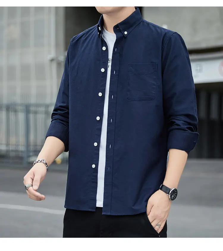 Men's Long Sleeve Slim Fit Blue Shirt White Solid Color — feature 16