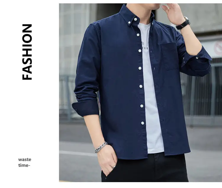 Men's Long Sleeve Slim Fit Blue Shirt White Solid Color — feature 17