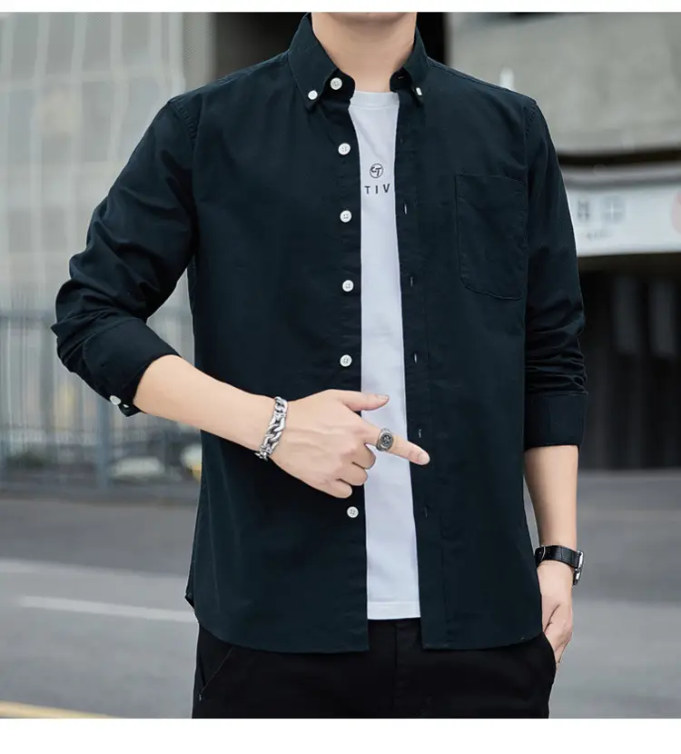 Men's Long Sleeve Slim Fit Blue Shirt White Solid Color — feature 18