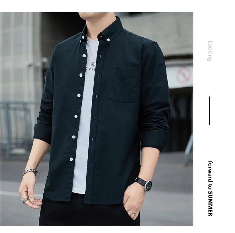 Men's Long Sleeve Slim Fit Blue Shirt White Solid Color — feature 19