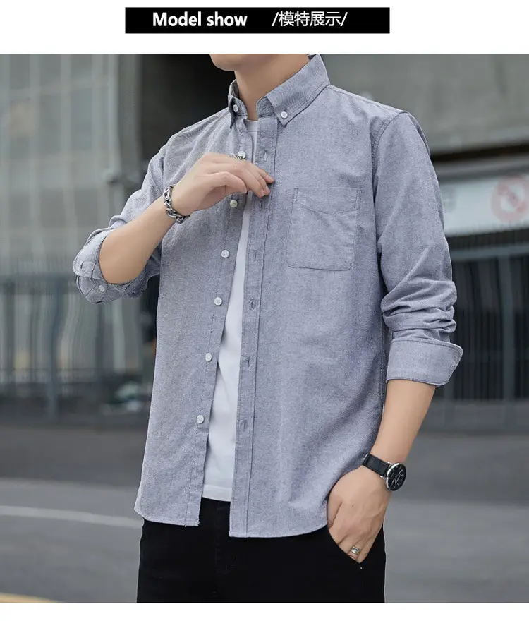 Men's Long Sleeve Slim Fit Blue Shirt White Solid Color — feature 9