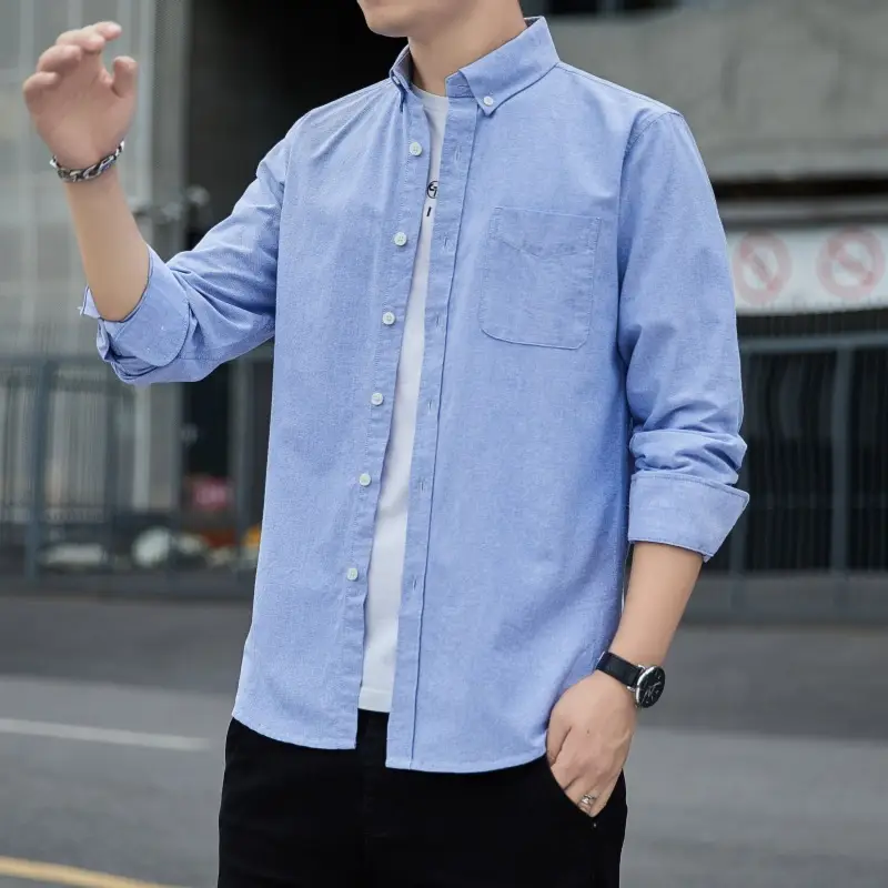 Men's Long Sleeve Slim Fit Blue Shirt White Solid Color