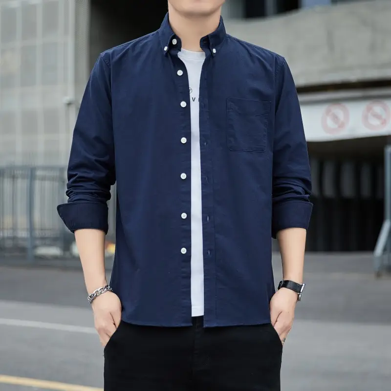 Men's Long Sleeve Slim Fit Blue Shirt White Solid Color