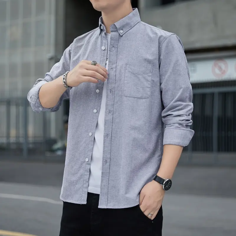 Men's Long Sleeve Slim Fit Blue Shirt White Solid Color