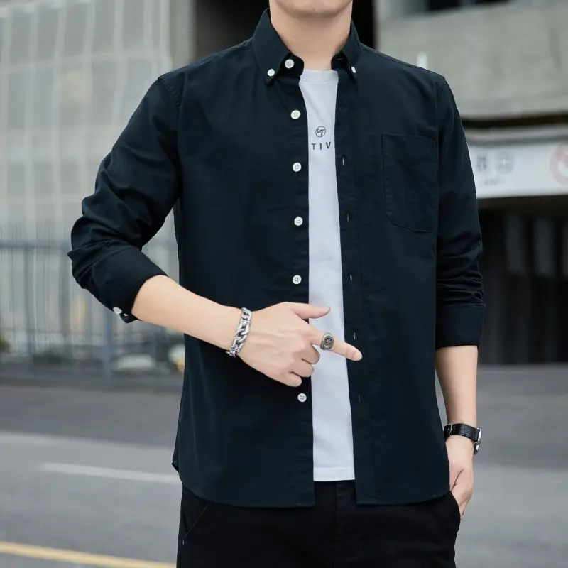 Men's Long Sleeve Slim Fit Blue Shirt White Solid Color