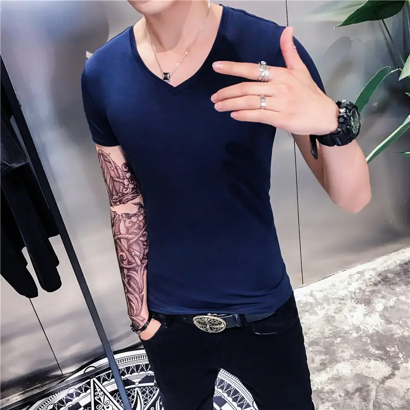 Men Navy V-Neck Short Sleeve T-Shirt Slim Fit