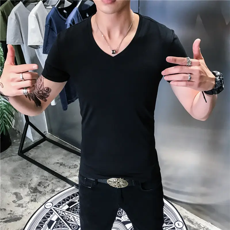 Men Navy V-Neck Short Sleeve T-Shirt Slim Fit