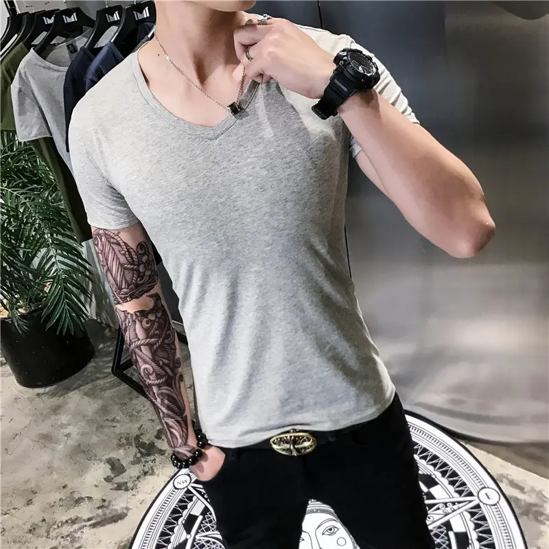 Men Navy V-Neck Short Sleeve T-Shirt Slim Fit