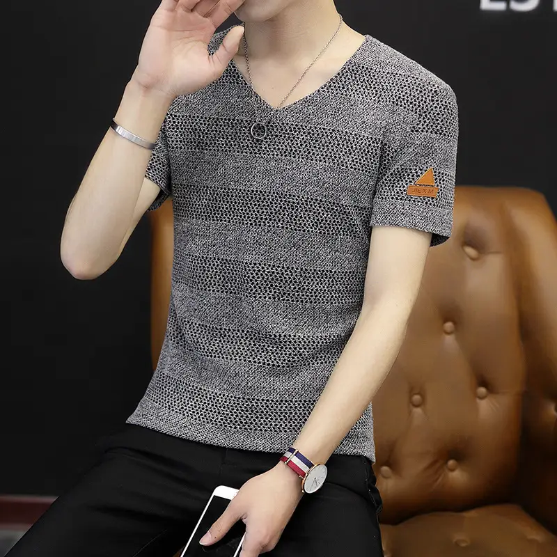Men V-neck Armband Short-sleeve T-shirt White Slim Fit - Image 4