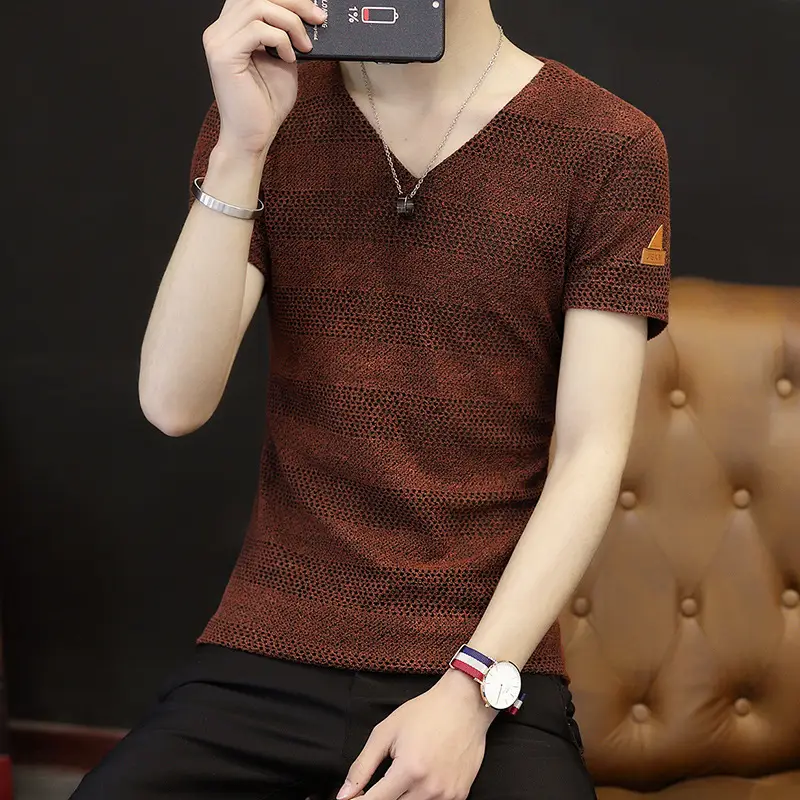 Men V-neck Armband Short-sleeve T-shirt White Slim Fit - Image 3
