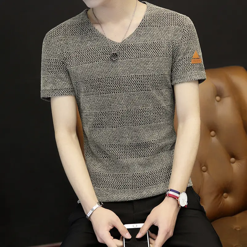 Men V-neck Armband Short-sleeve T-shirt White Slim Fit - Image 2