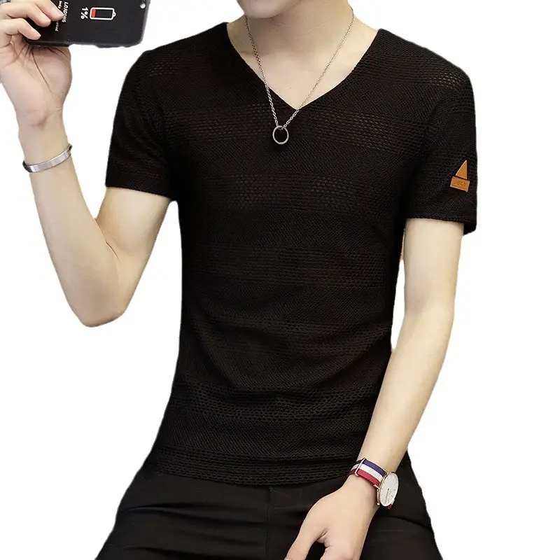 Men V-neck Armband Short-sleeve T-shirt White Slim Fit - Image 13