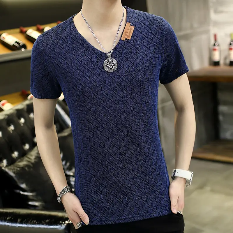 Men V-neck Armband Short-sleeve T-shirt White Slim Fit - Image 10