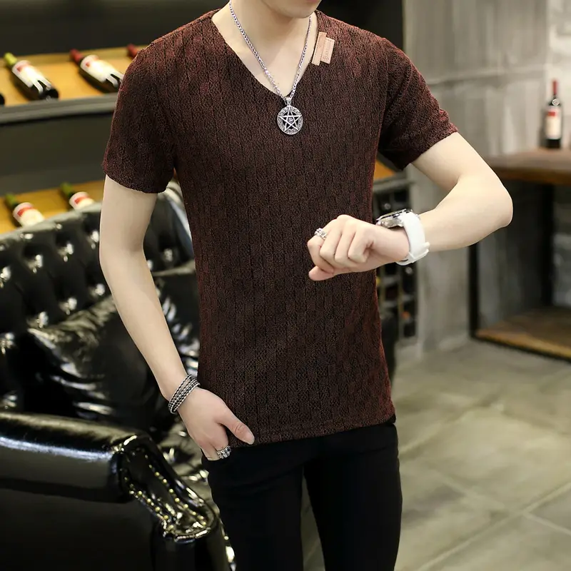 Men V-neck Armband Short-sleeve T-shirt White Slim Fit - Image 11