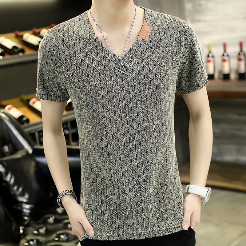 Men V-neck Armband Short-sleeve T-shirt White Slim Fit - Image 12